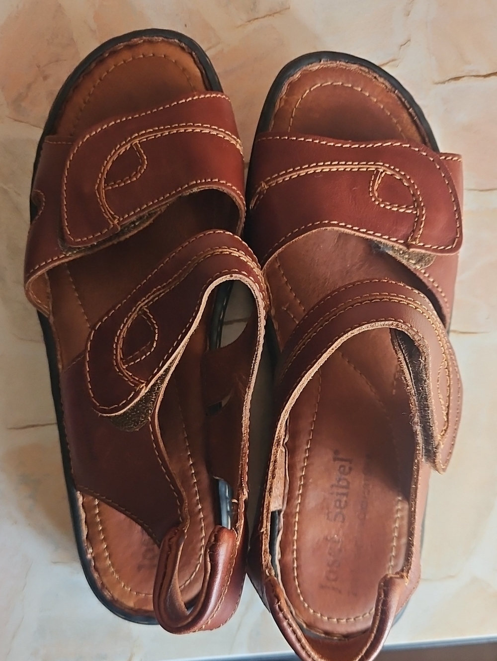 Josef Seibel Women's Tan Brown Leather Velcro Sandals - Size 38 (7.5 US)